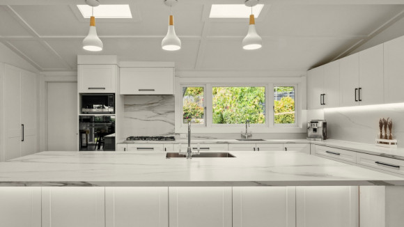 luxury kitchen renovation christchurch white marble countertops modern lighting
