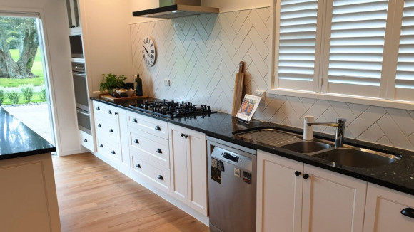 herringbone tile kitchen