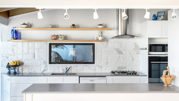 modern kitchen refurbishment christchurch white marble backsplash open shelves