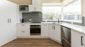 modern kitchen remodel christchurch white cabinets blue penny tile backsplash